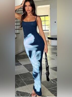 COMMENSE Tropical Print Sleeveless Navy Blue Maxi Slip Dress, Size XL, NWT